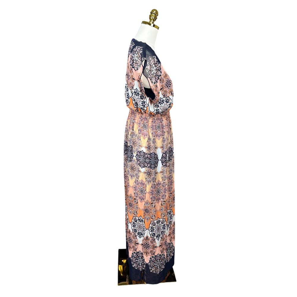 Enfocus Studio Women Navy Orange Medallion Print V-Neck Maxi Dress Size 10 - Picture 4 of 7